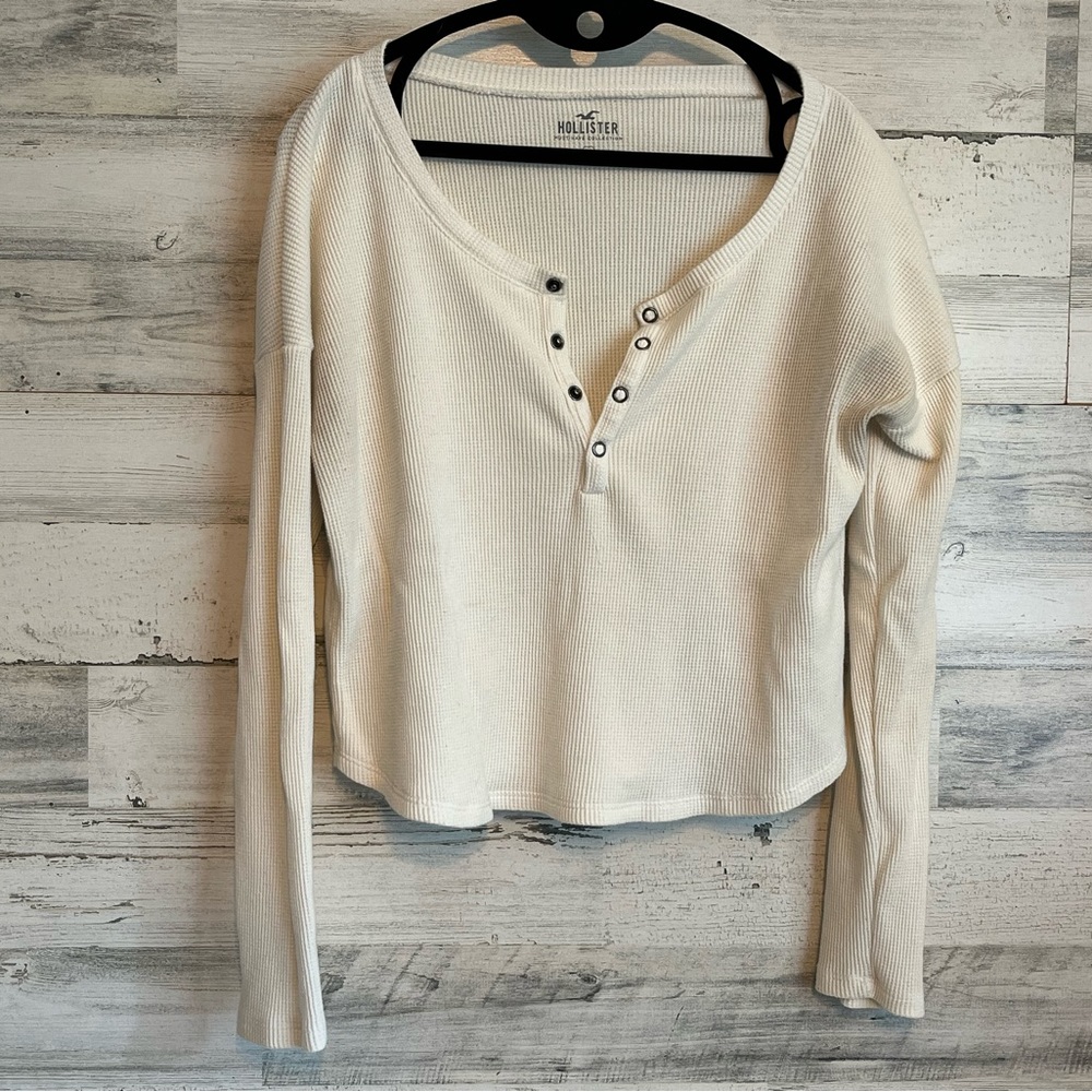 Hollister Waffle Snap Long Sleeve Shirt Cream/White M Medium